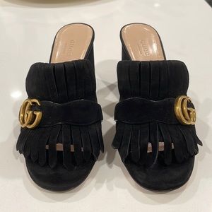 Gucci Suede GG Marmont Fringe Mid Heel Slide Sandals 37.5 Black